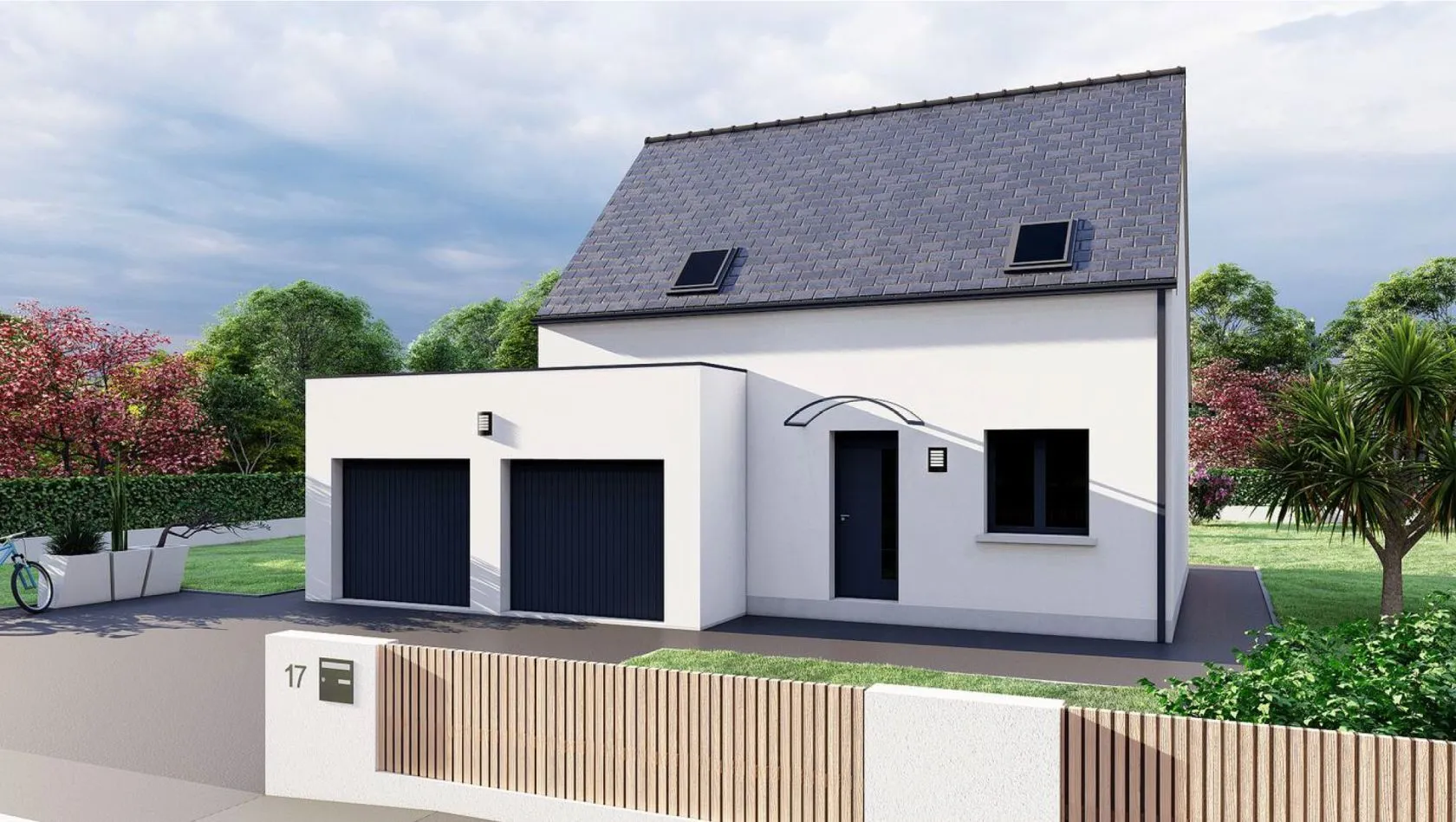 Manoir Toit Plat Double Garage-3ch69 — modèle de maison